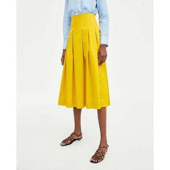 NWOT Zara mustard yellow pleated A-line midi skirt, XS - Picture 4 of 10
